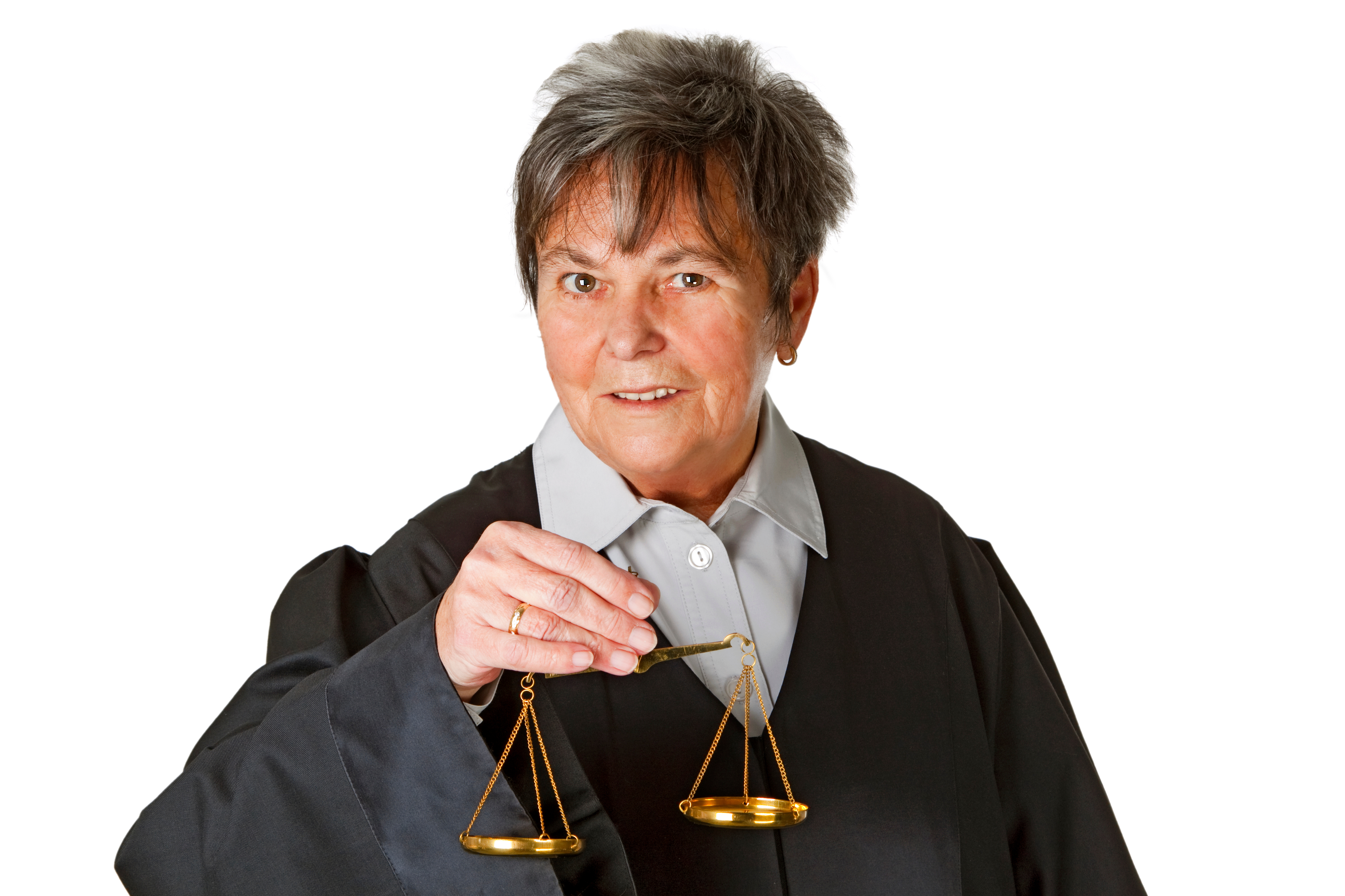 Dame mit Bluse, und Robe hält eine Waage zu Gunsten in der Hand